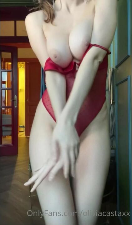 Olivia Casta red bodysuit pussy slip & tits revealing